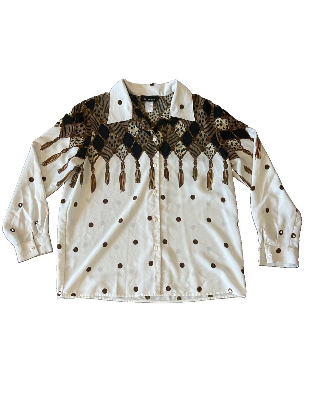 Vintage 80s Mirrors Animal Print Blouse XL Tassel Baroque Leopard Zebra Shirt